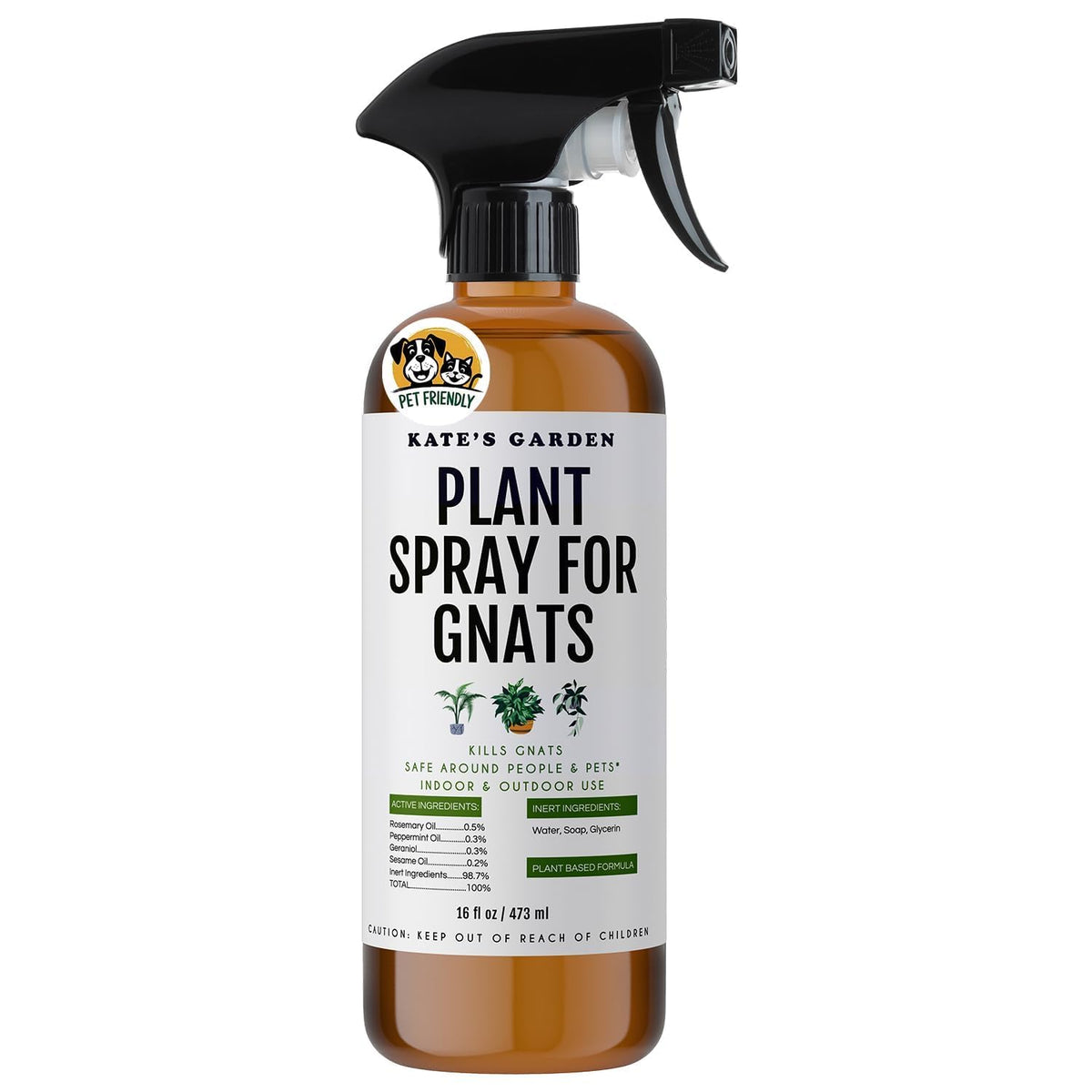 Kate's Garden frente del envase mostrando 16 oz y beneficio control de plagas