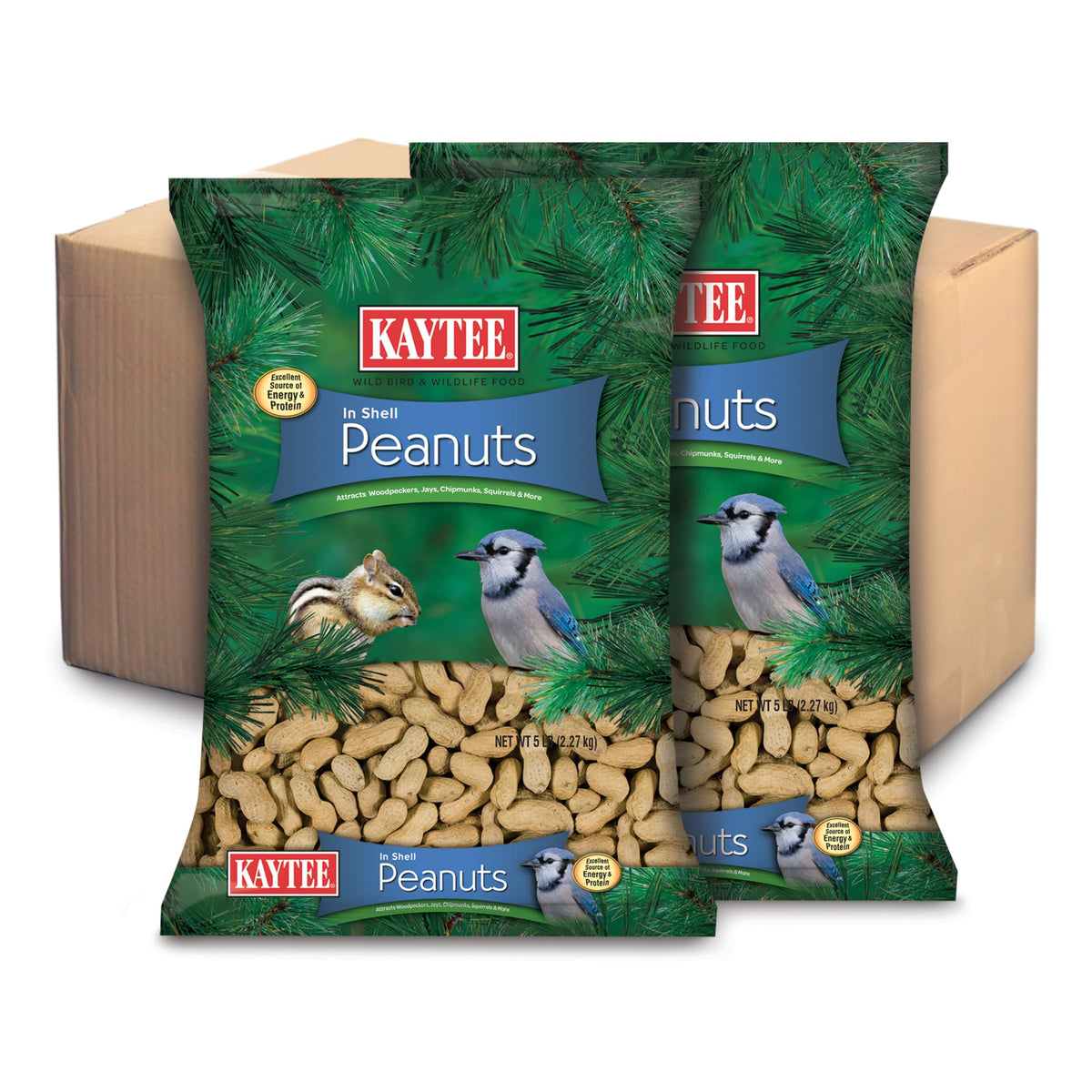 Kaytee paquete frontal de cacahuetes con cáscara mostrando la marca y conveniencia