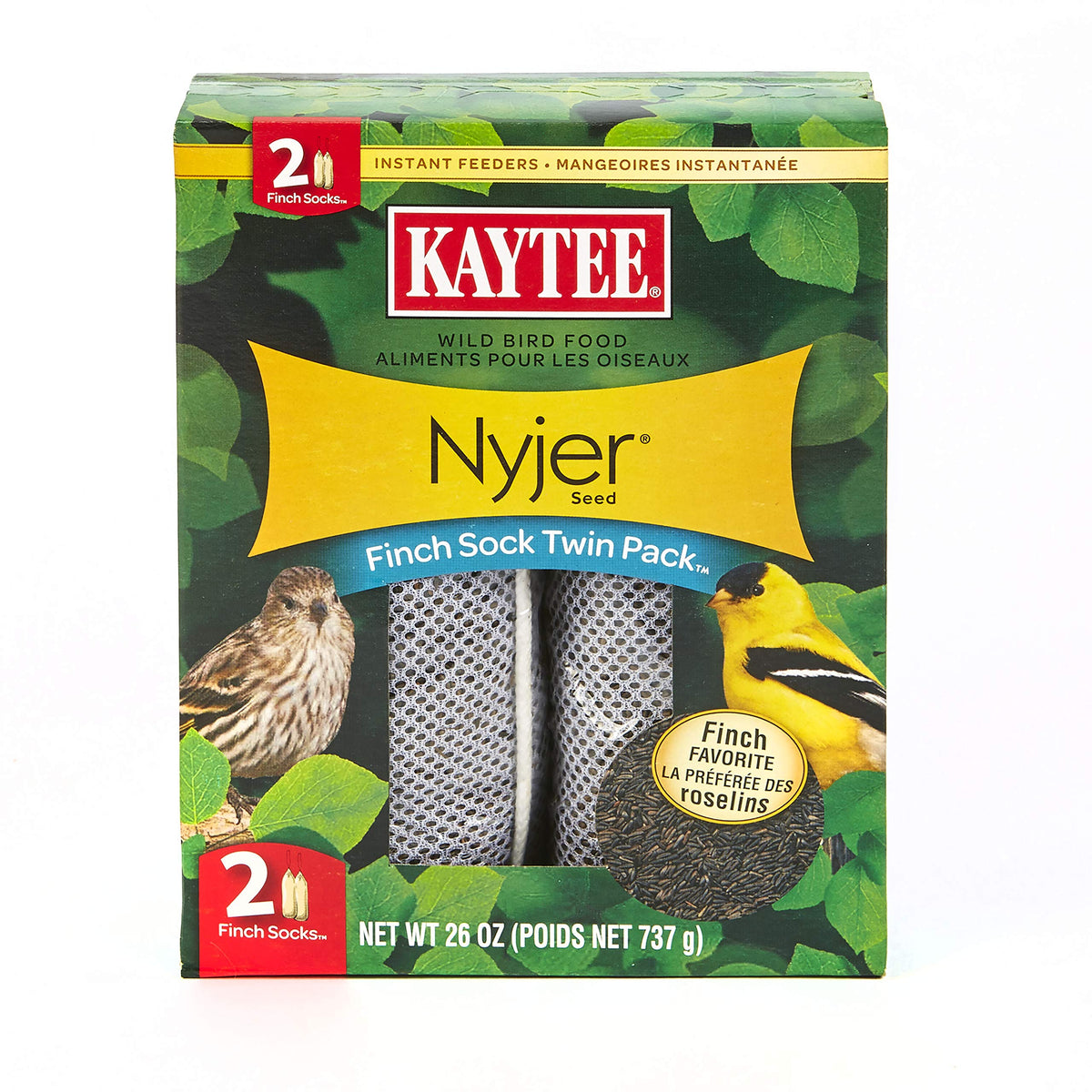 Kaytee frente del paquete mostrando los dos sacos de Nyjer, atracción inmediata