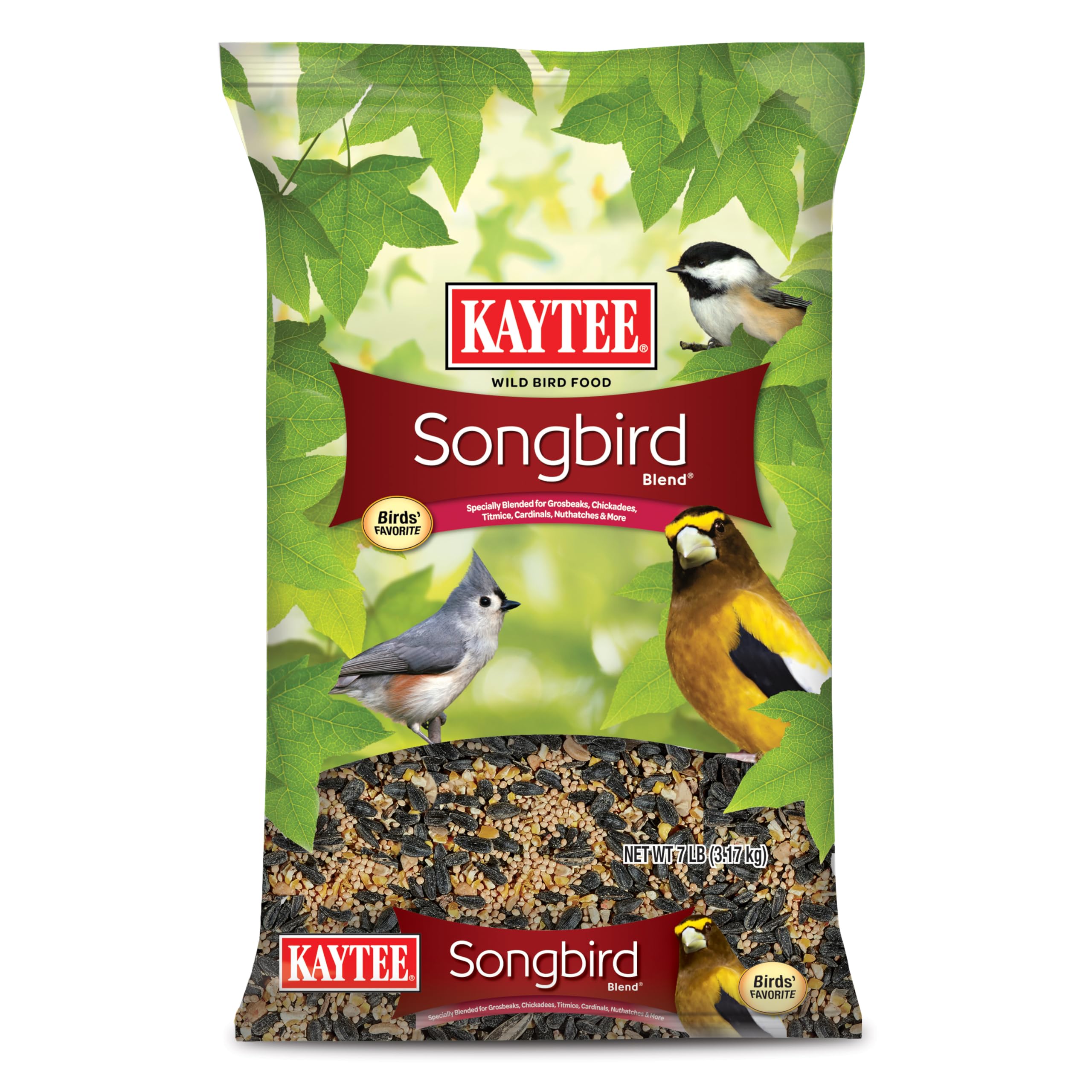 Kaytee paquete frontal 7 lb mostrando la mezcla y beneficios nutritivos