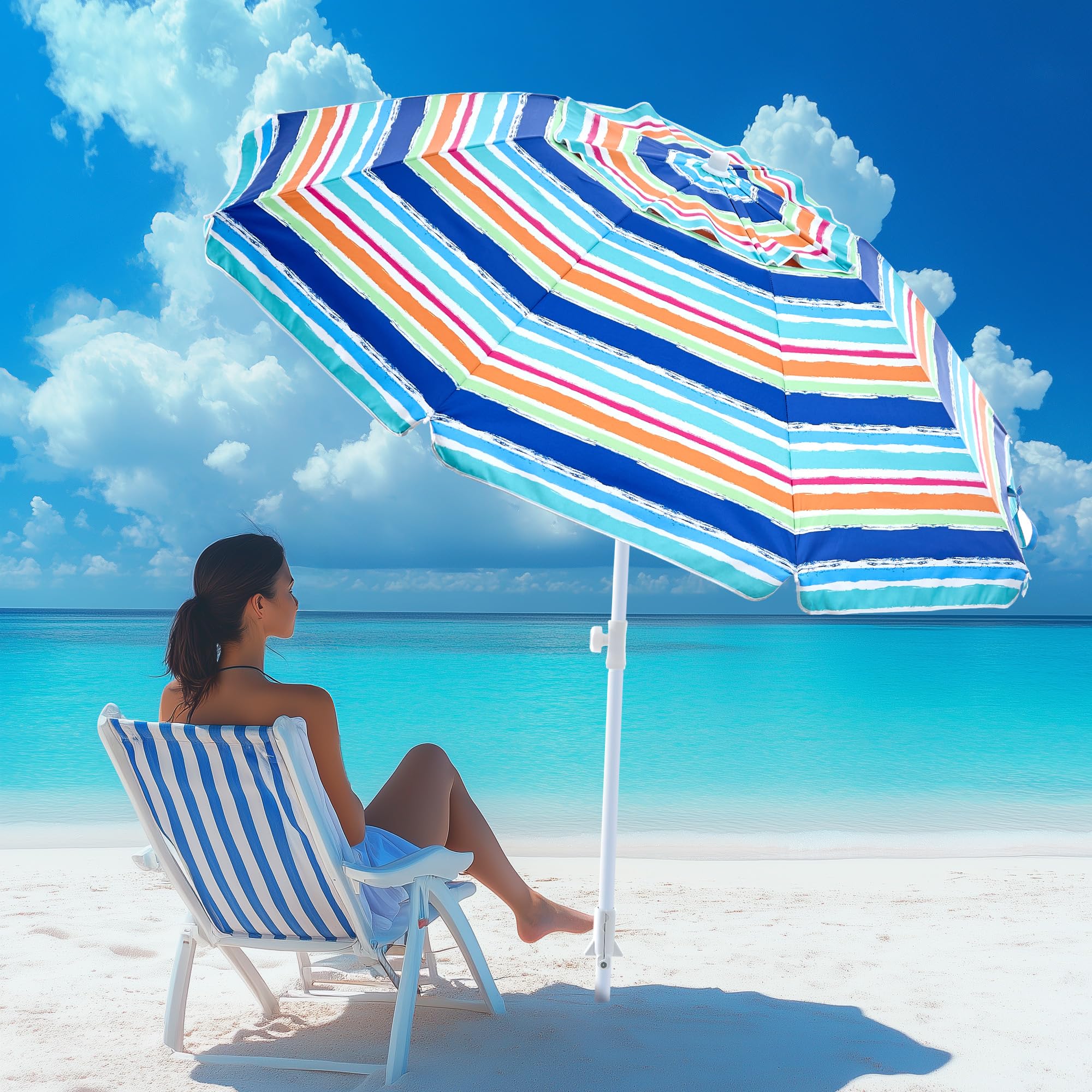 Kbrellaoutlets sombrilla en playa con familia demostrando sombra amplia