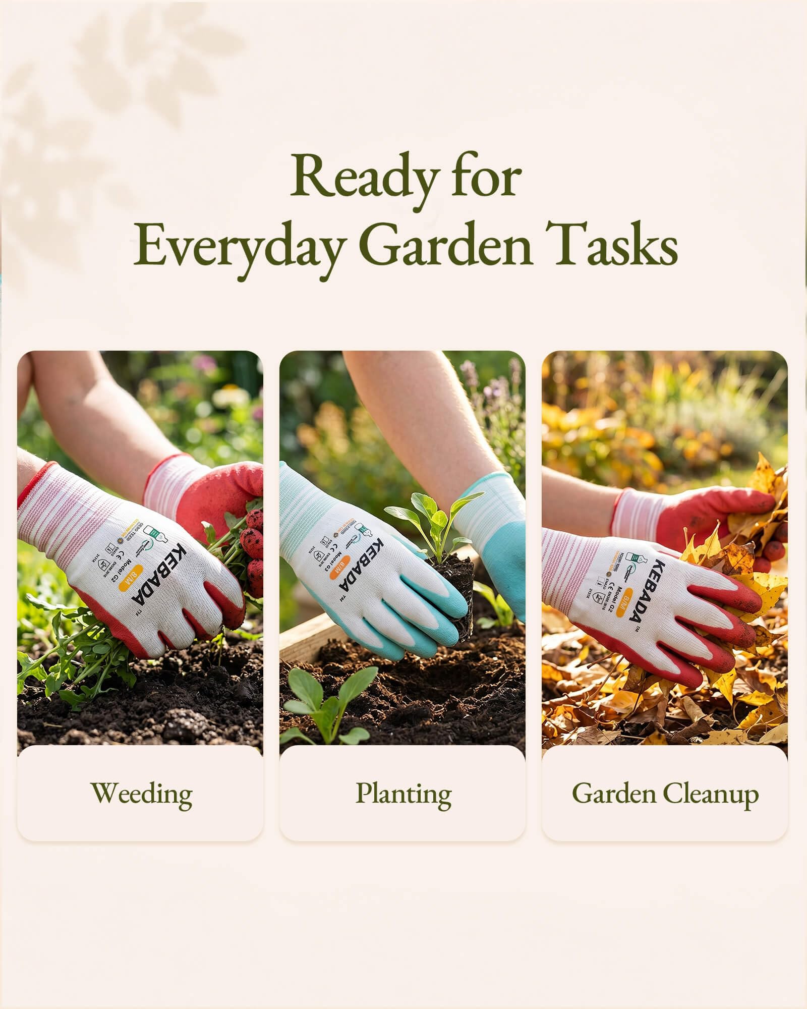Kebada comparación de talla mostrando ajuste medio en mano para comodidad prolongada