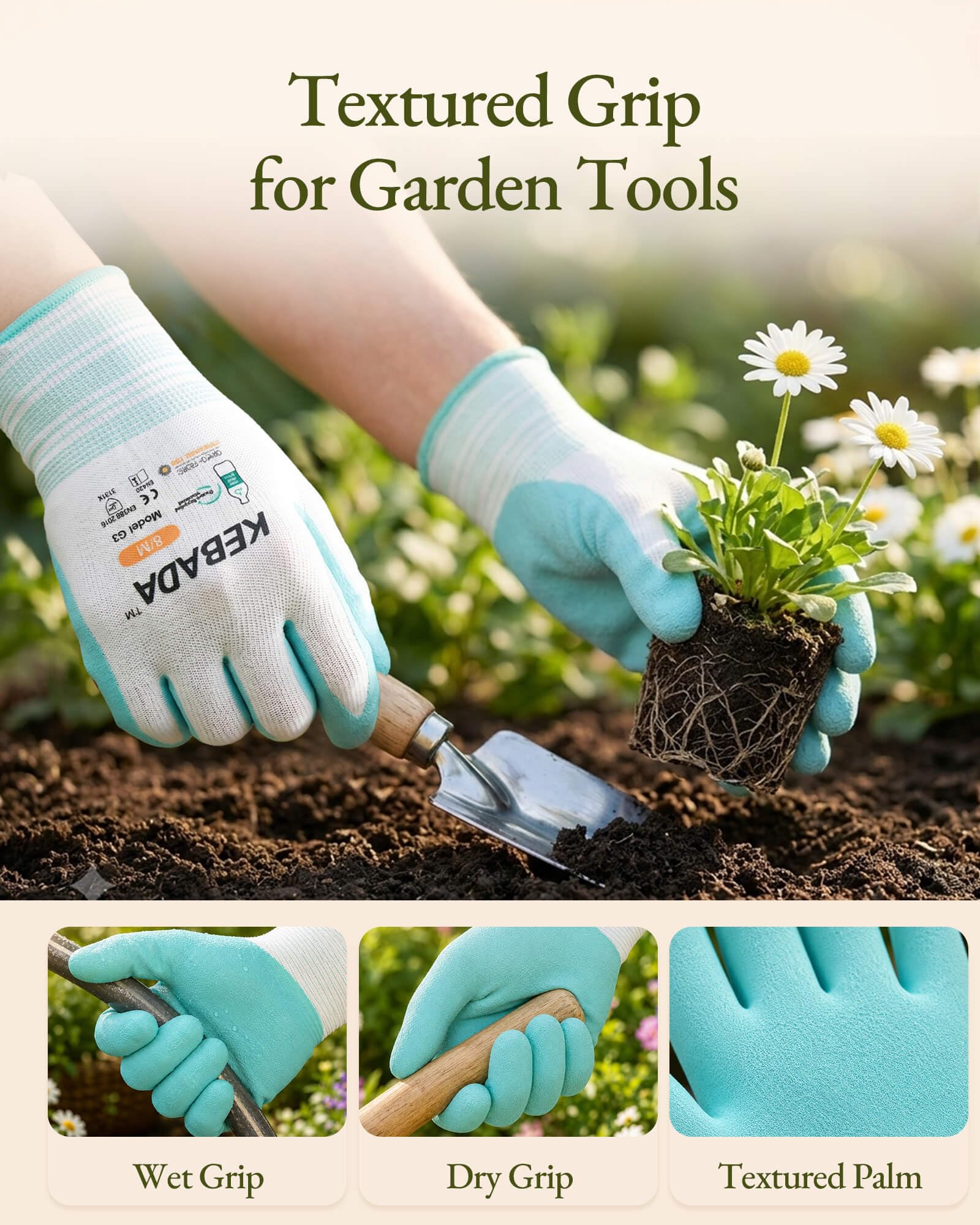 Kebada guante en uso plantando con buena ergonomía y protección contra suciedad
