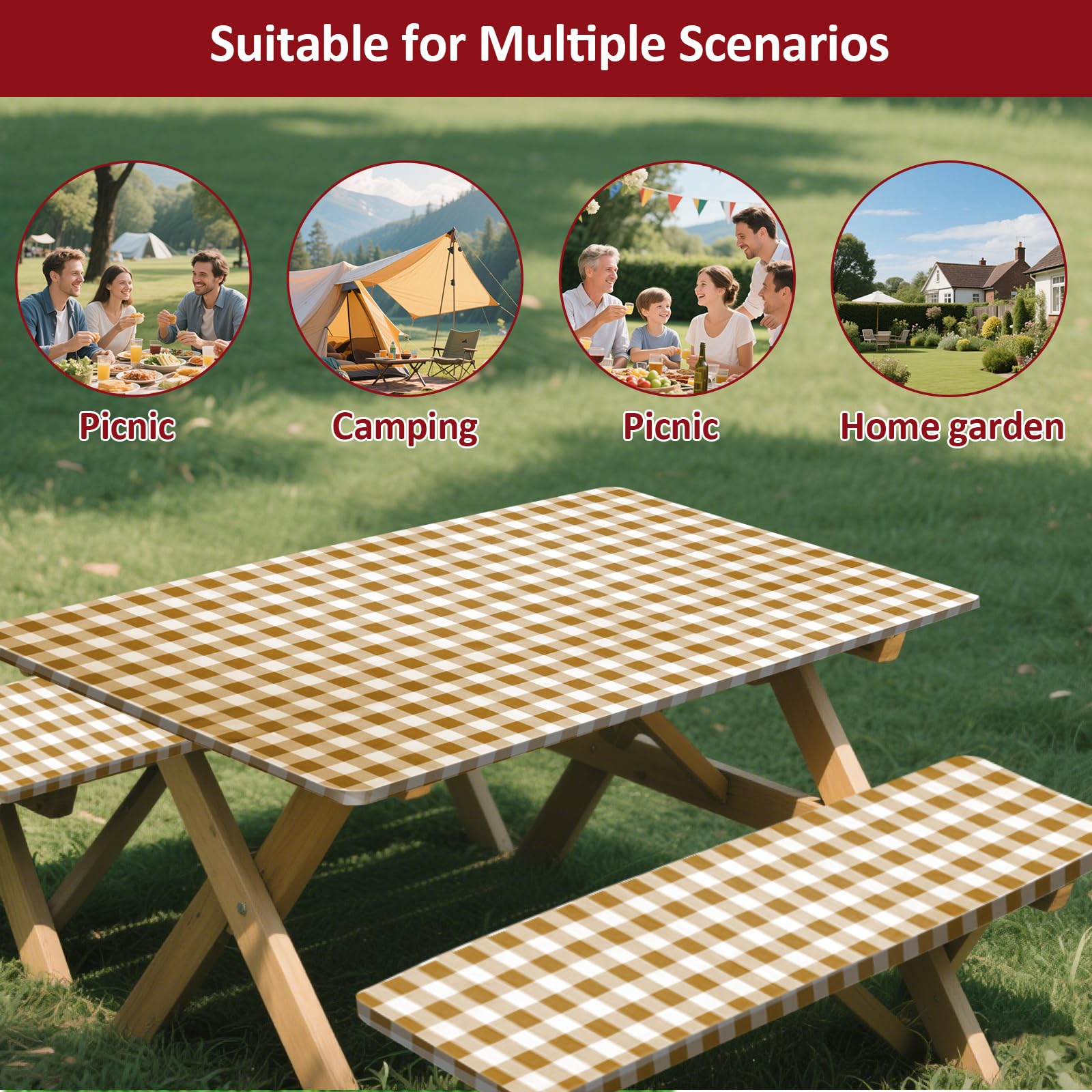KENOBEE ambiente al aire libre con estampado cuadriculado café decorativo