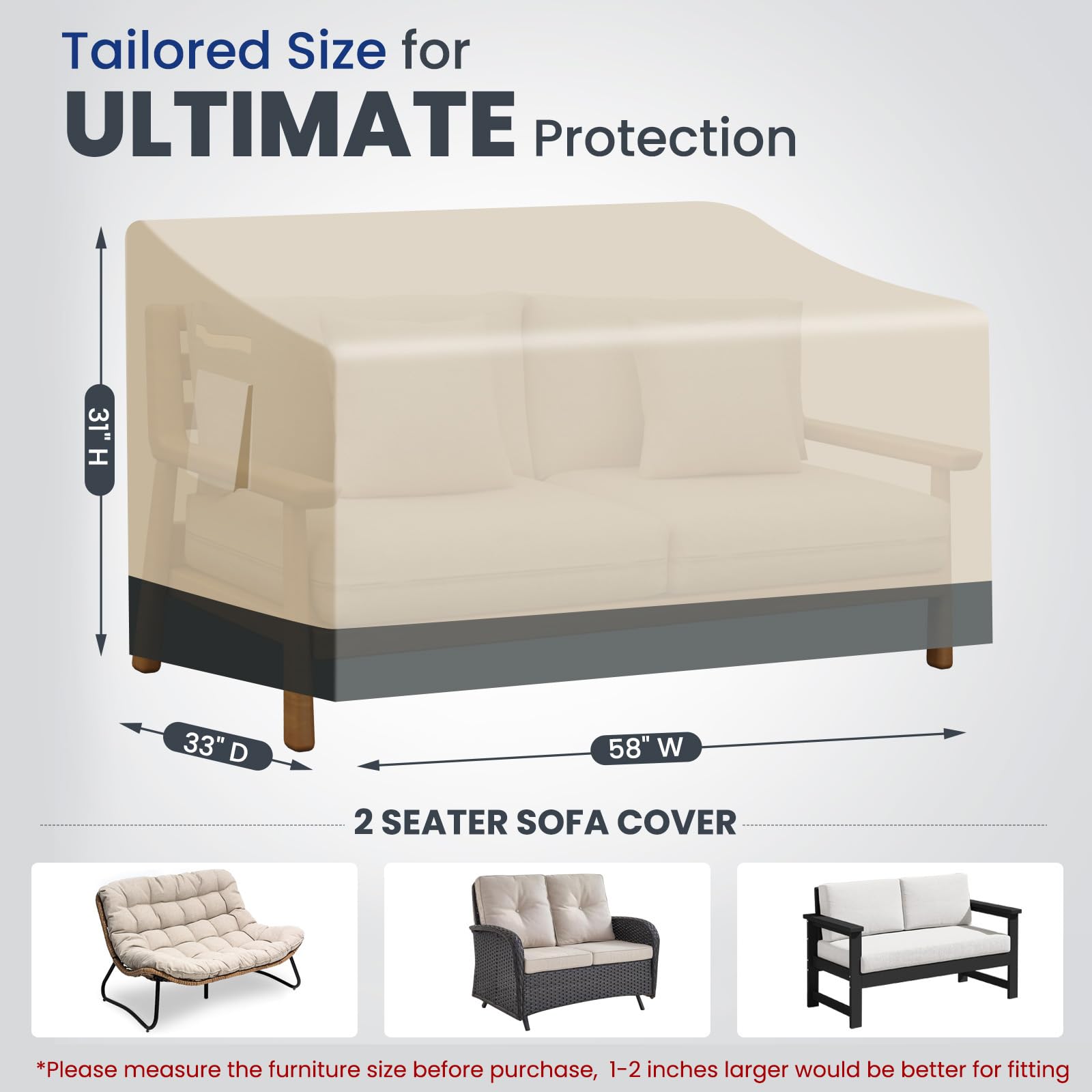 Kikcoin funda en uso en patio, mantiene el loveseat seco y protegido