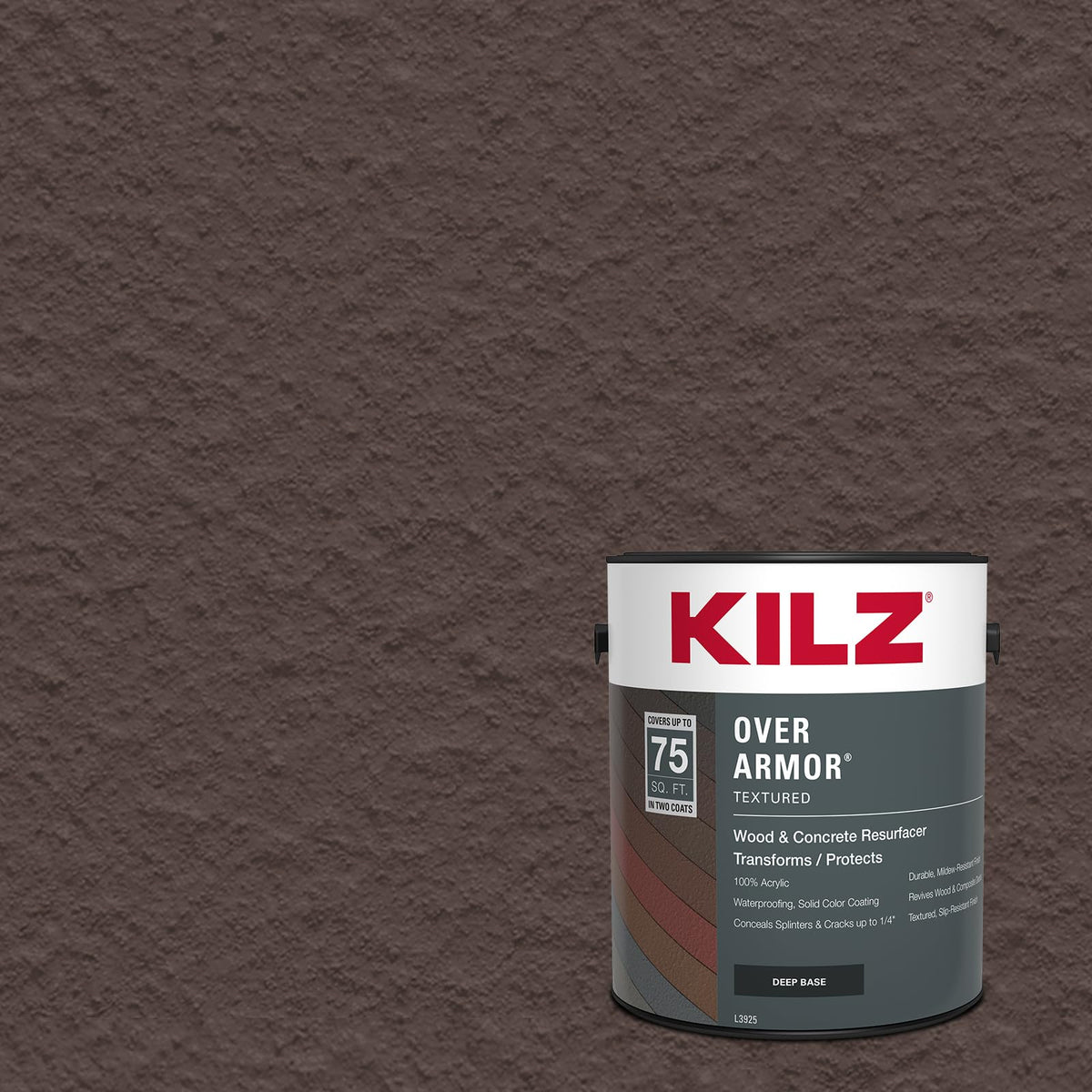 KILZ Over Armor frente del envase mostrando color Deep Java y cubierta resistente