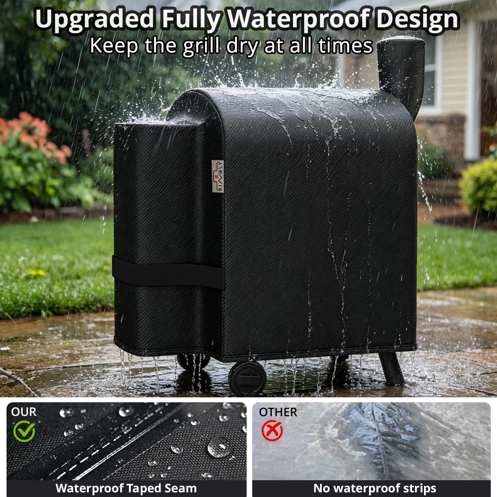 KINGLY funda instalada en parrilla exterior protegiendo contra lluvia