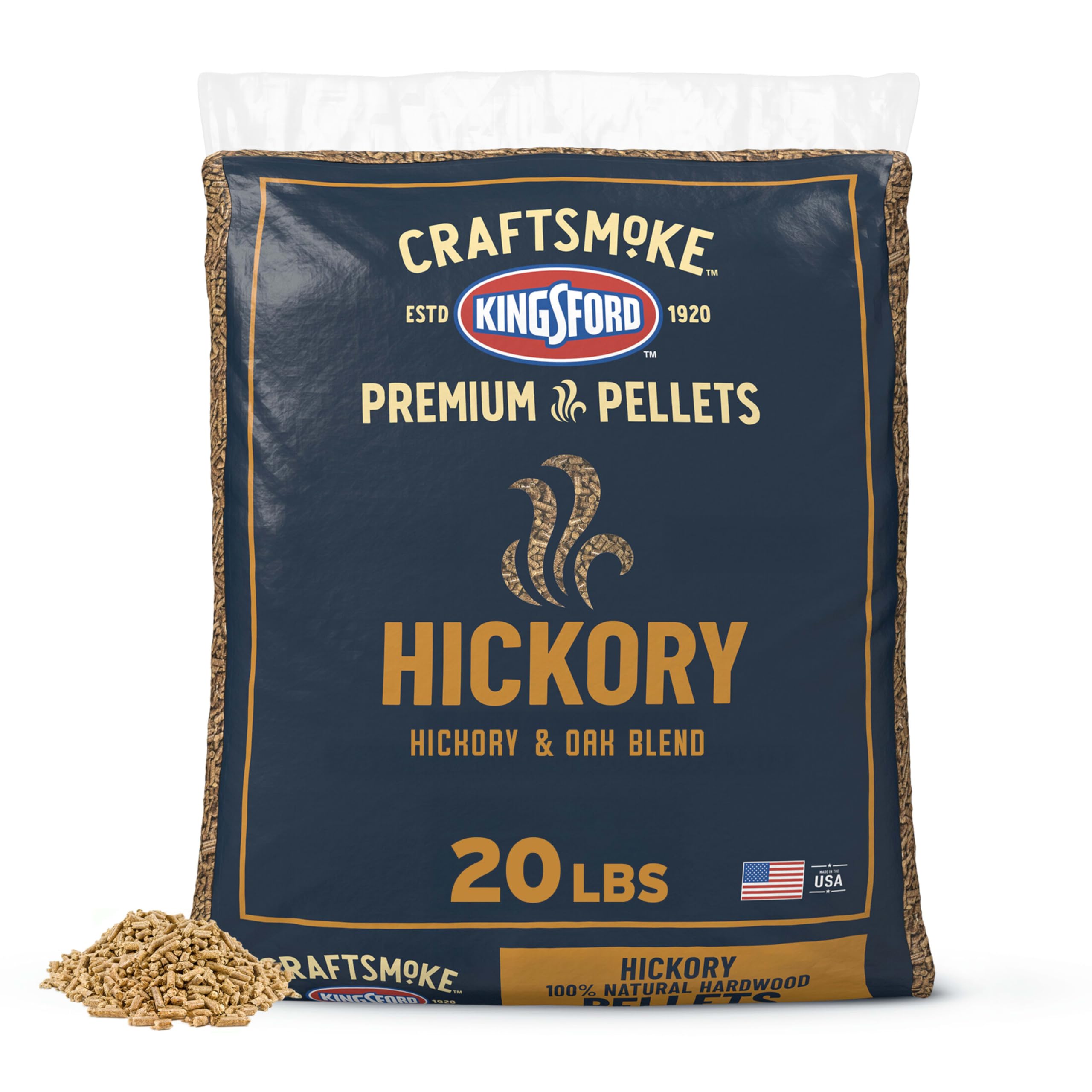 Kingsford Craftsmoke frente del paquete mostrando 20 libras y facilidad de uso
