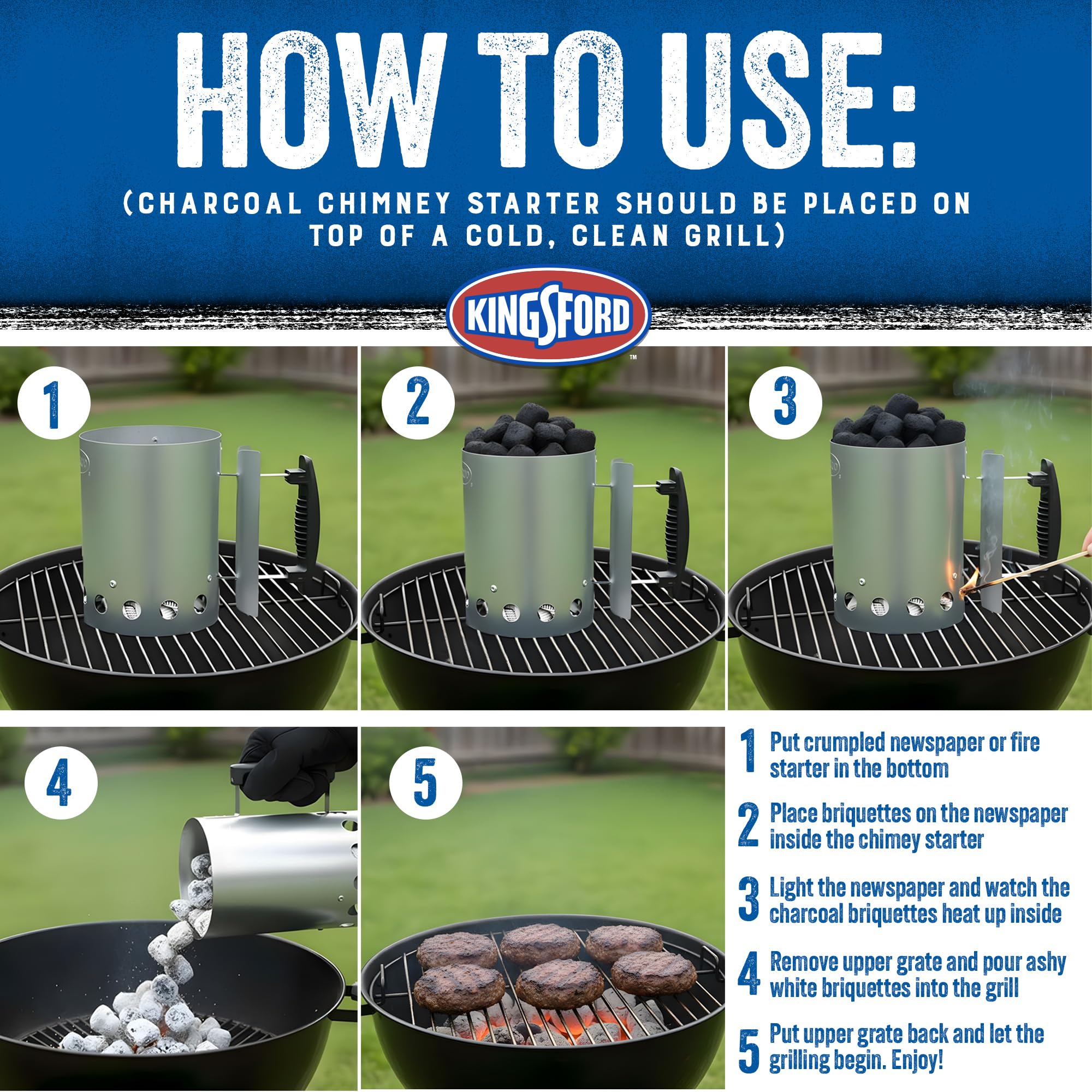 Kingsford en uso encendiendo carbón de forma uniforme para cocinar pronto