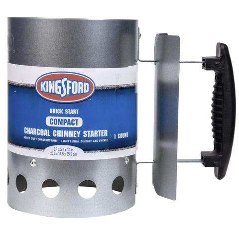 Kingsford encendedor frontal mostrando su forma compacta y ventaja de rápido encendido