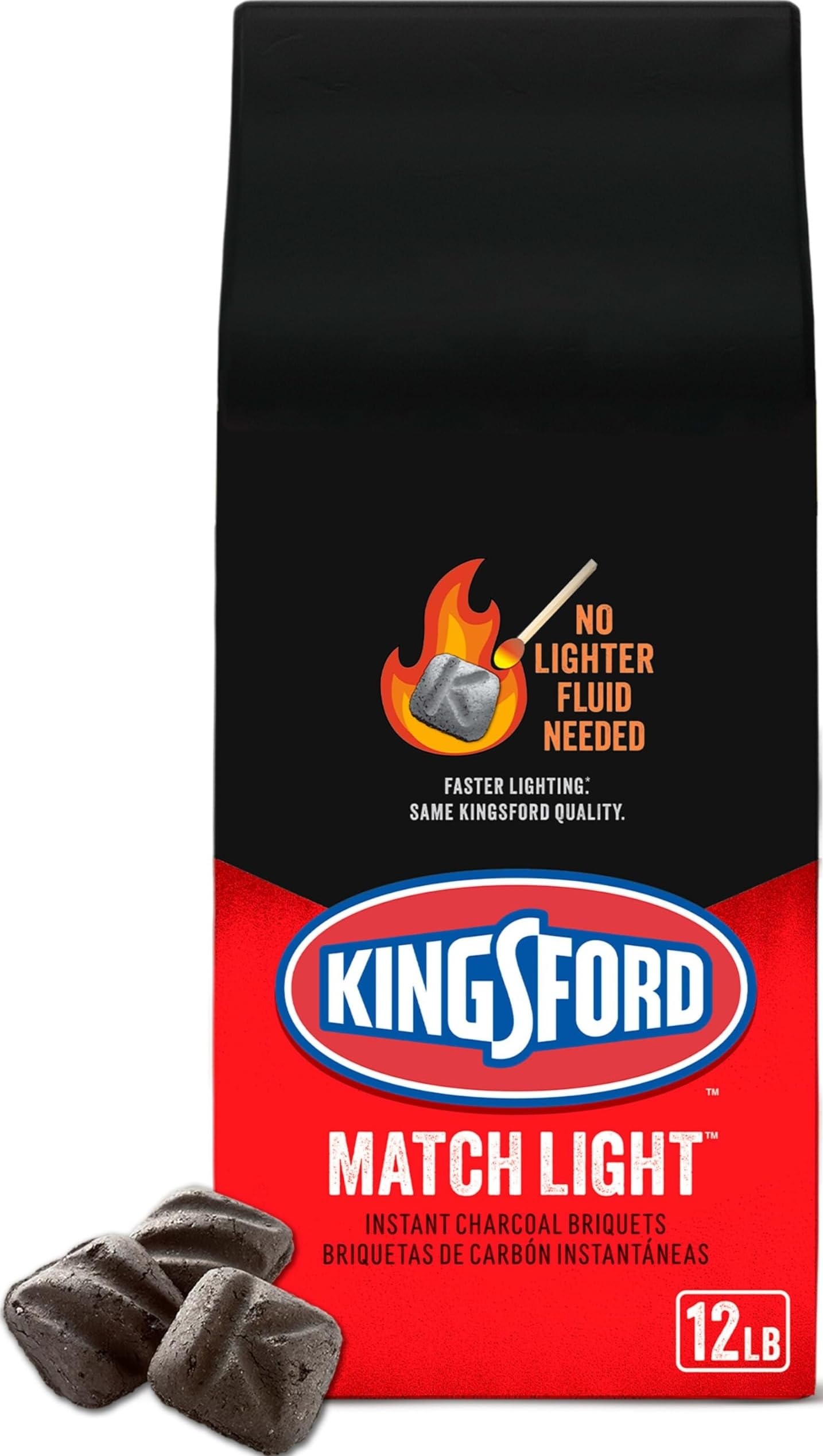 Kingsford vista frontal de la bolsa de 12 lb mostrando el logo y beneficios