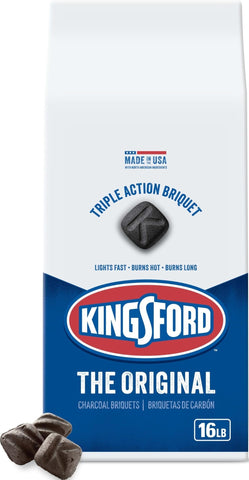 Kingsford paquete frontal mostrando diseño y peso, práctico para almacenamiento