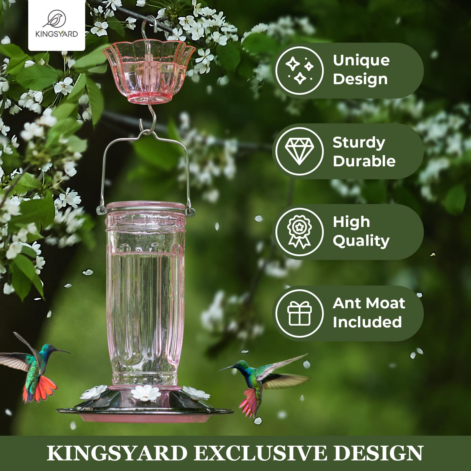 Kingsyard detalle de puerto en forma de flor que facilita acceso y reduce peleas entre colibríes