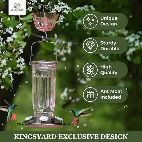 Kingsyard detalle de puerto en forma de flor que facilita acceso y reduce peleas entre colibríes