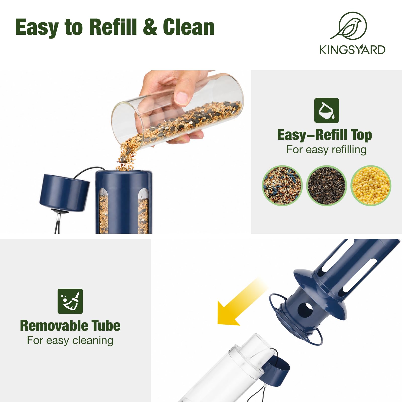 Kingsyard tubo de semilla extraíble para limpieza y recarga fácil