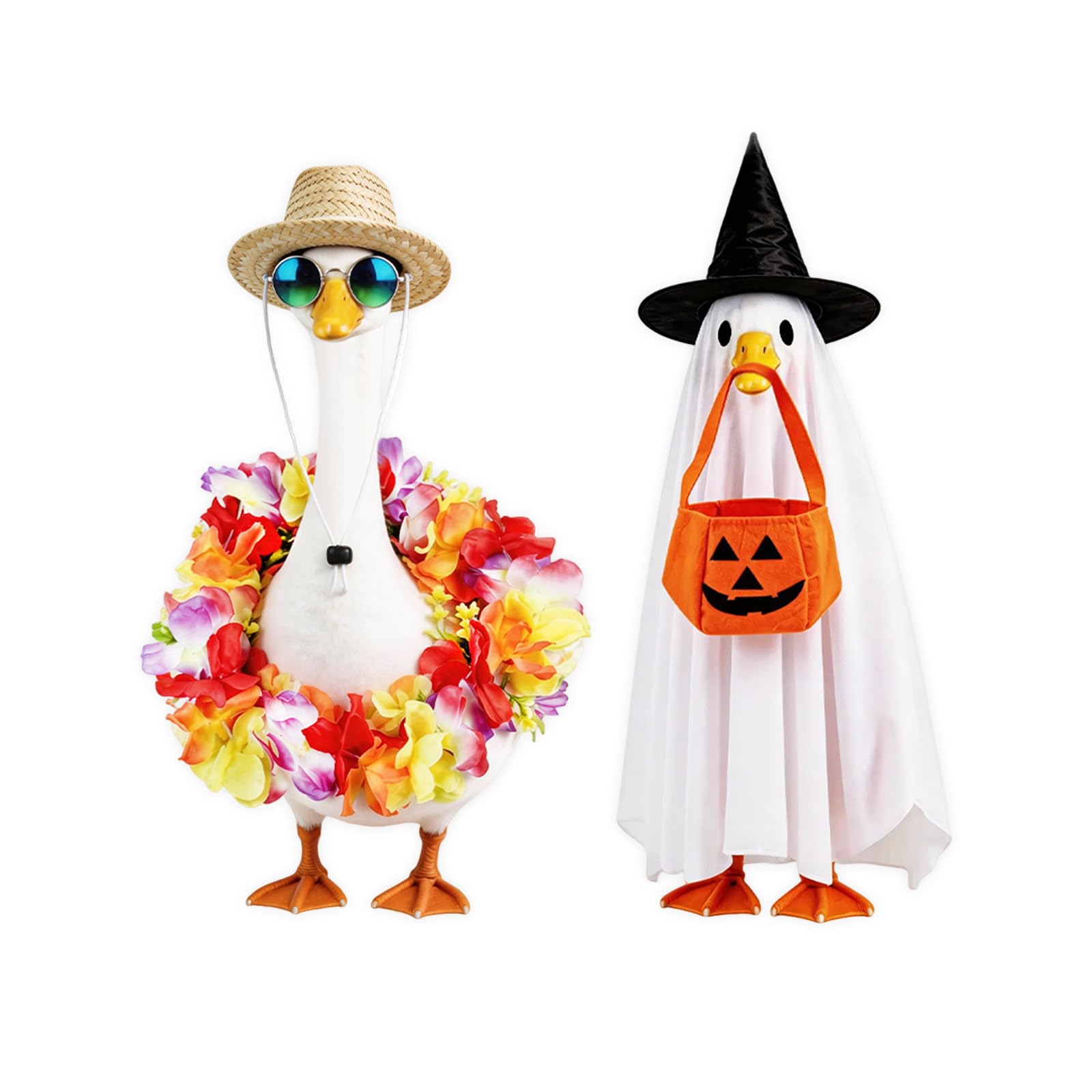 Kinhzrude ganso con atuendo frontal mostrando estilo veraniego y Halloween