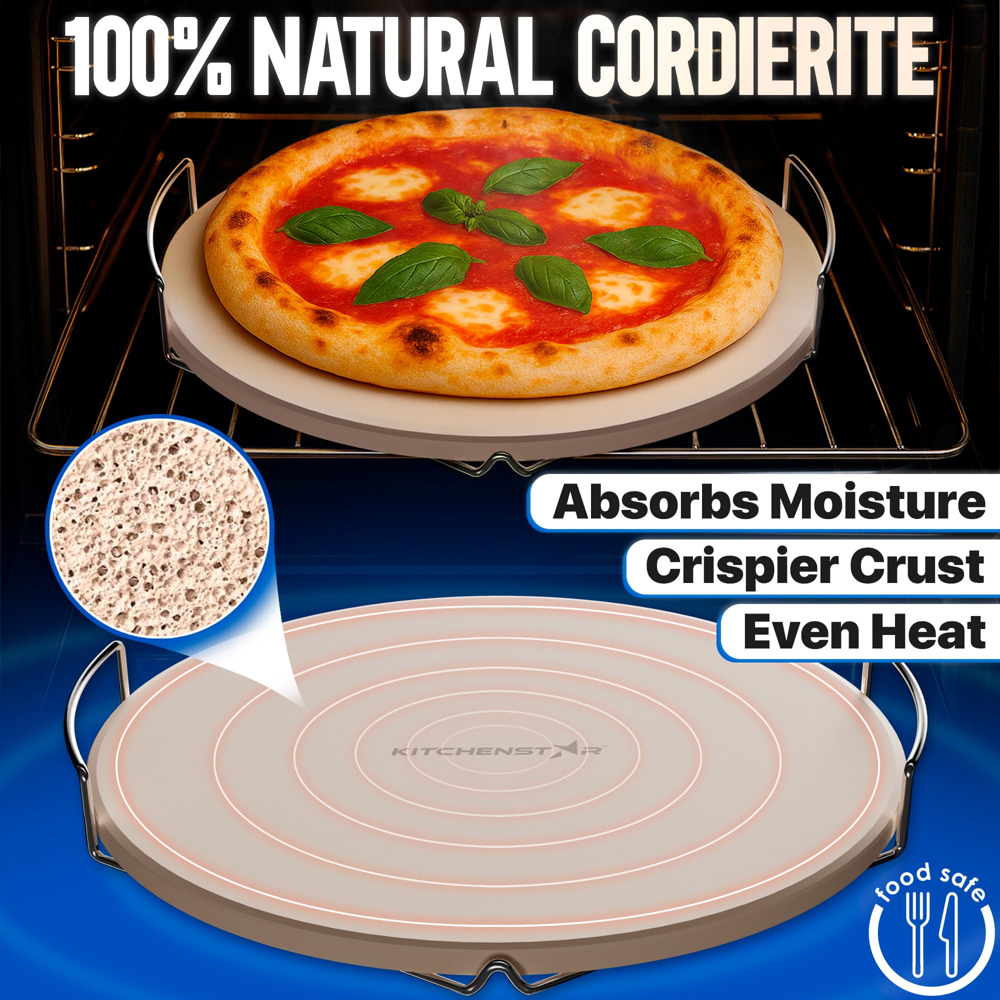 KitchenStar piedra con asas lateral que facilita manejo seguro en horno