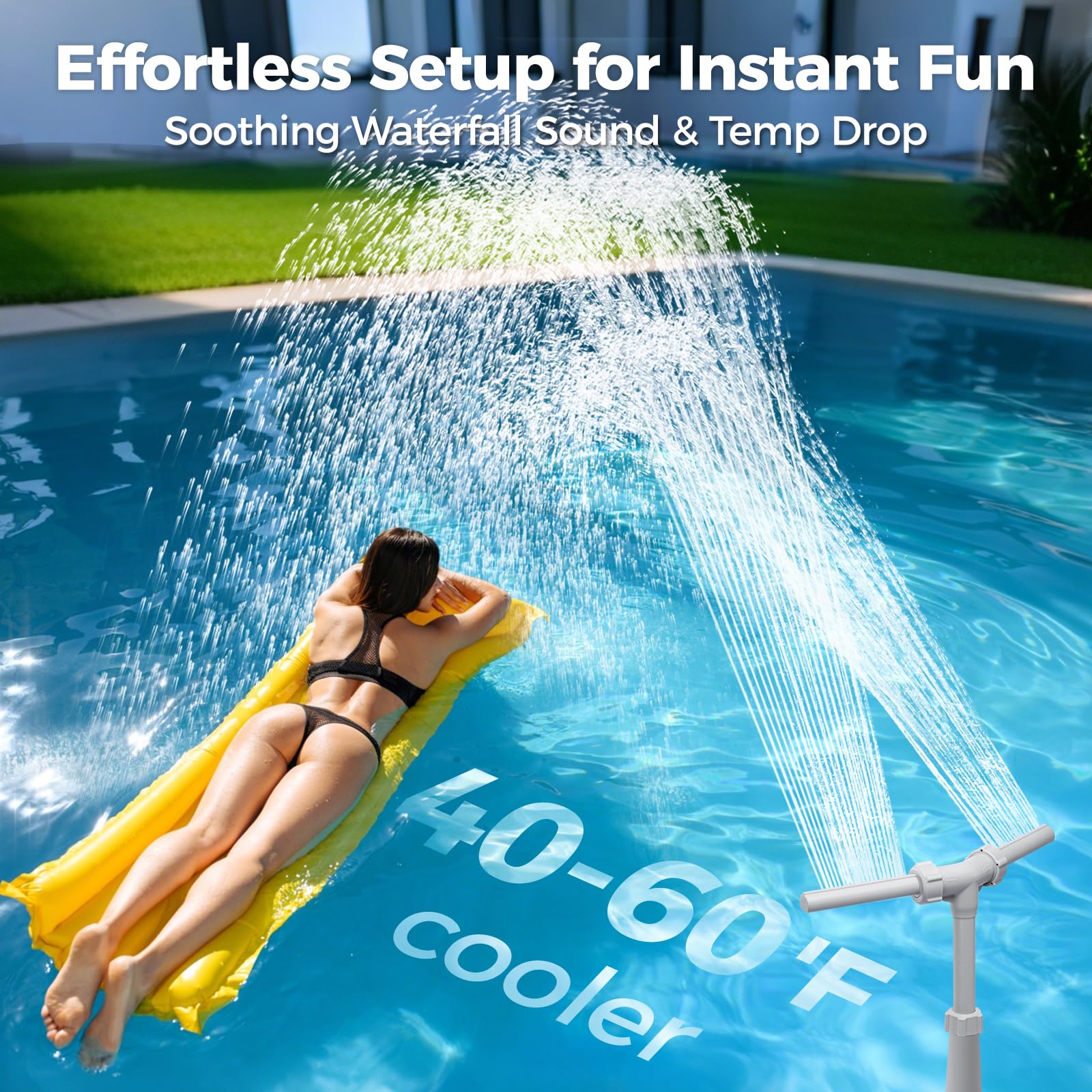klleyna fuente instalada con dos cascadas refrescando la piscina