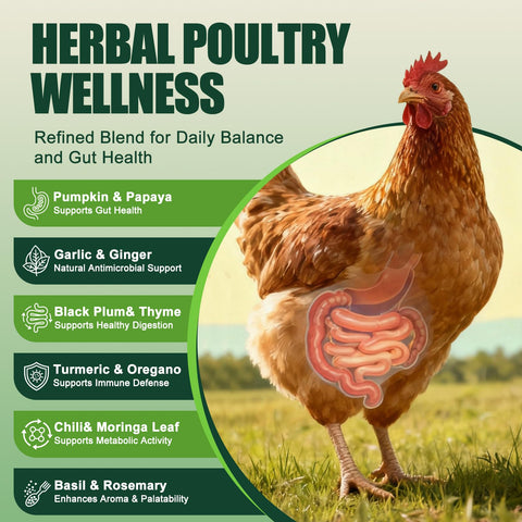 KLUORAN gallina comiendo mezcla con polvo para apoyo digestivo natural