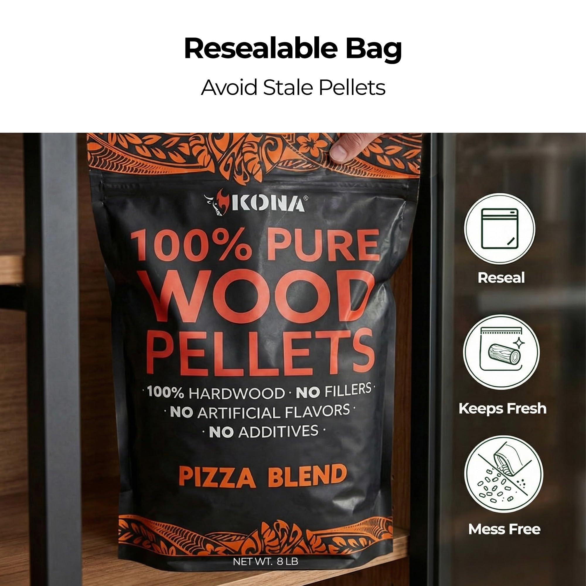 Kona comparación de tamaño de pellets con taza, permite control de ración por pizza