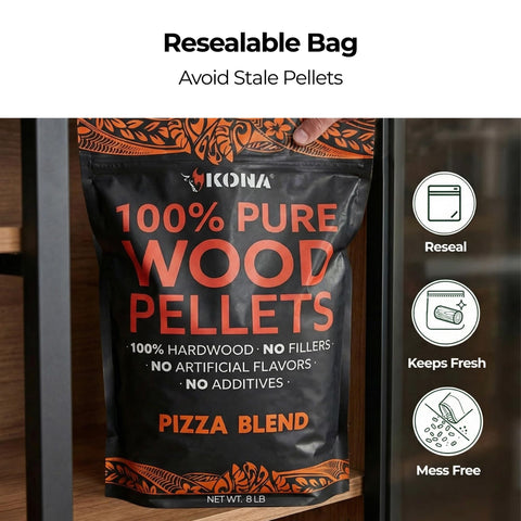Kona comparación de tamaño de pellets con taza, permite control de ración por pizza