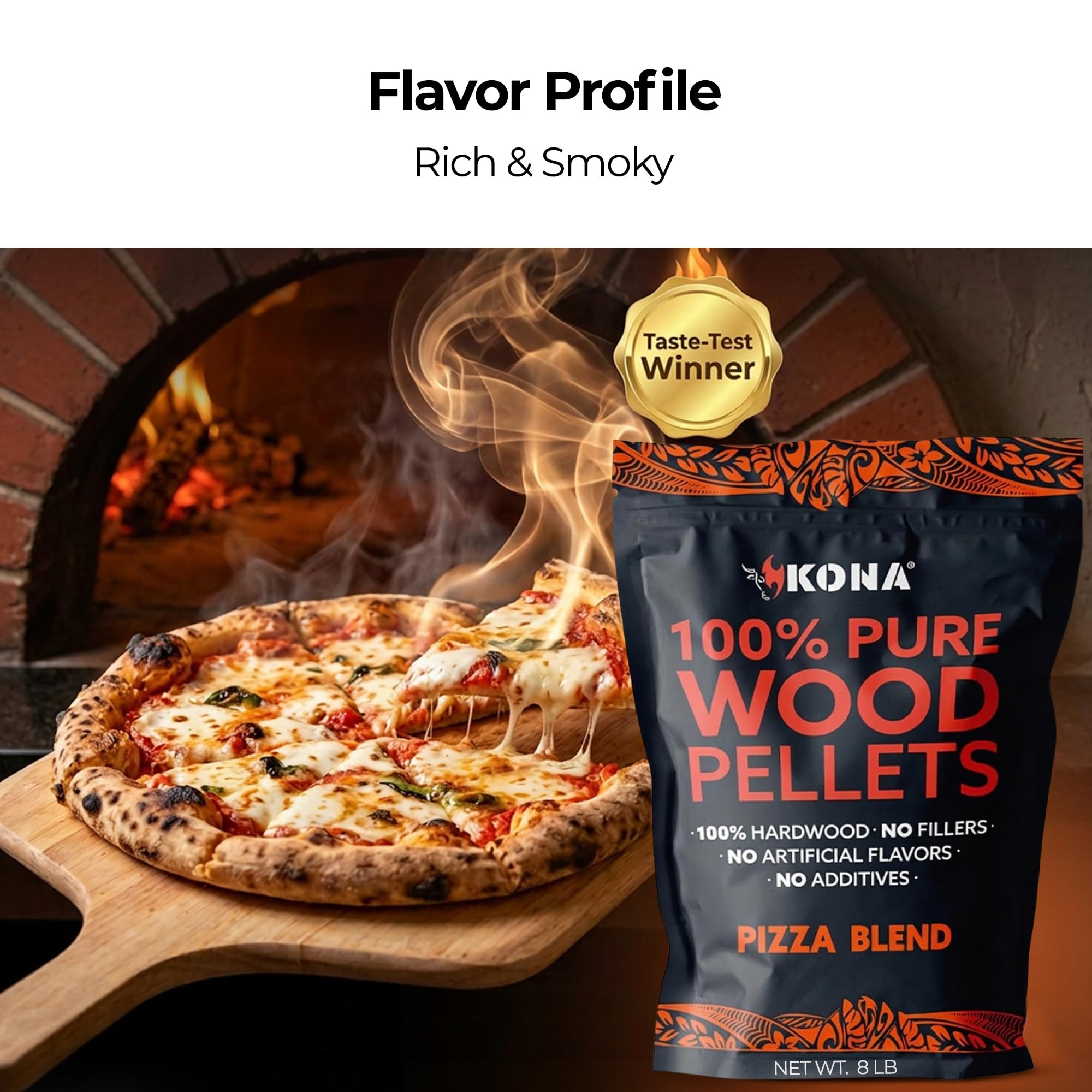 Kona pellets en horno de pizza en uso, aporta humo limpio y corteza dorada