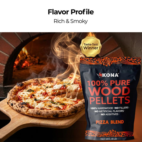 Kona pellets en horno de pizza en uso, aporta humo limpio y corteza dorada