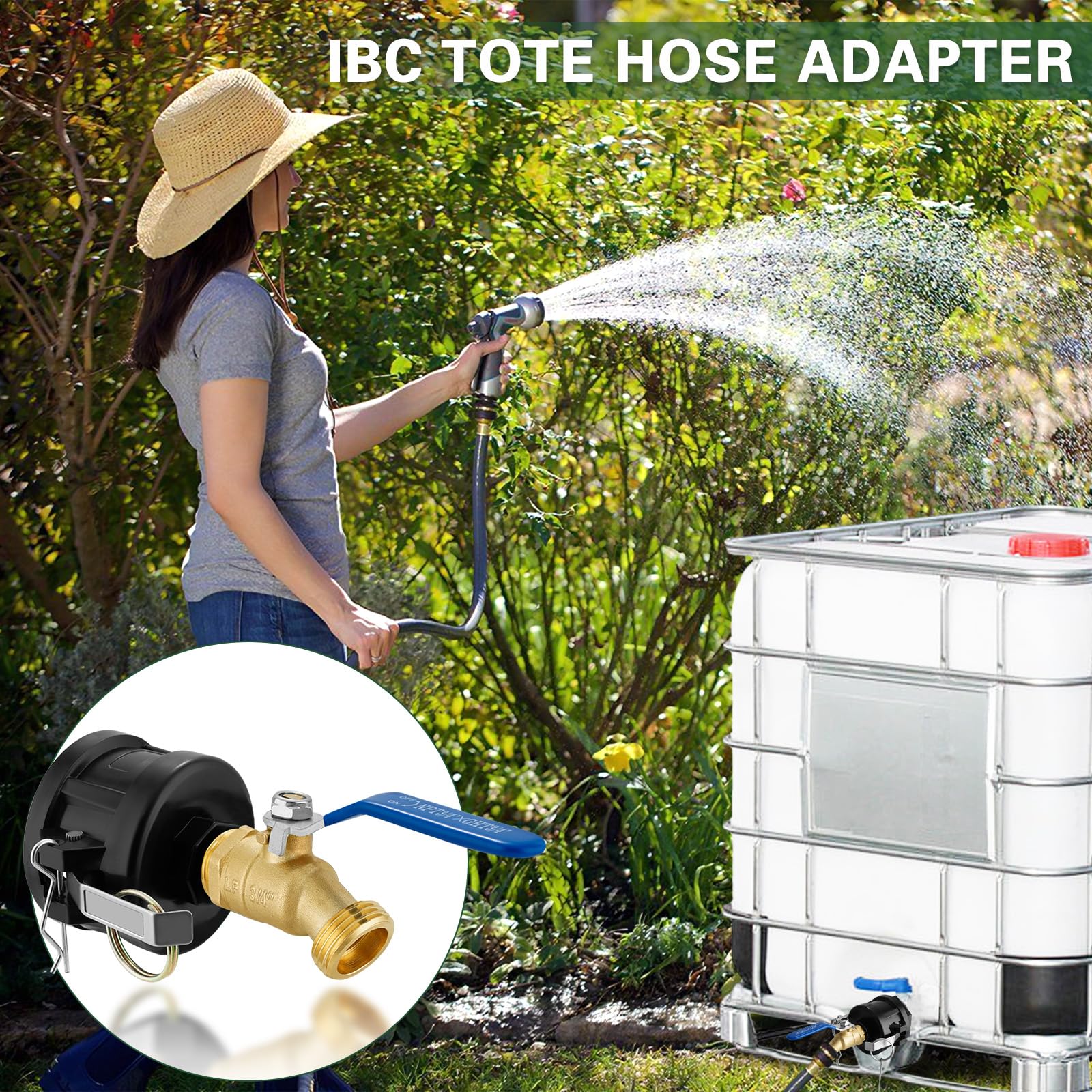 Kruuvax adaptador instalado en tanque IBC en uso, facilita riego y trasvase