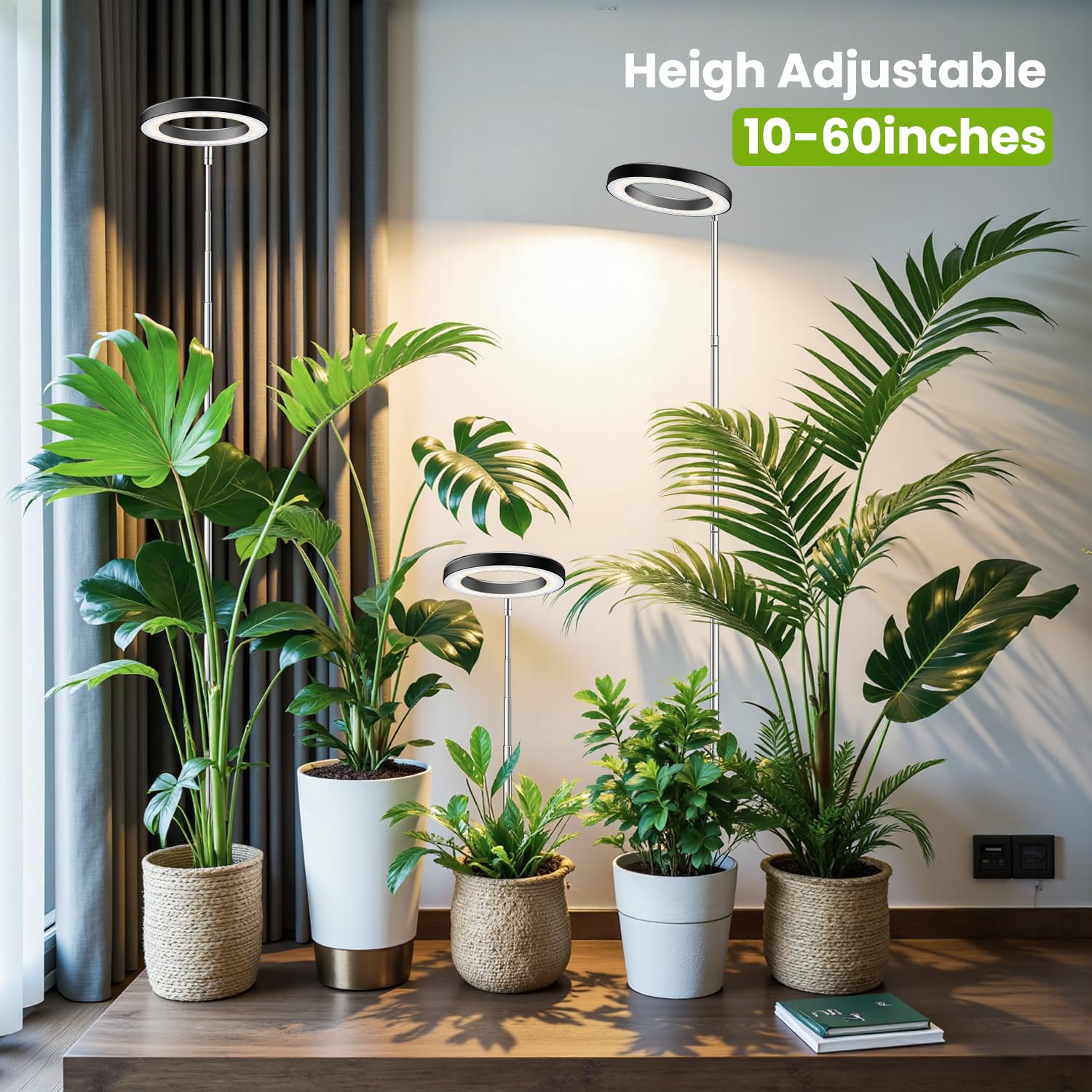 Kullsinss lámpara en uso iluminando planta alta, mejora crecimiento y aspecto