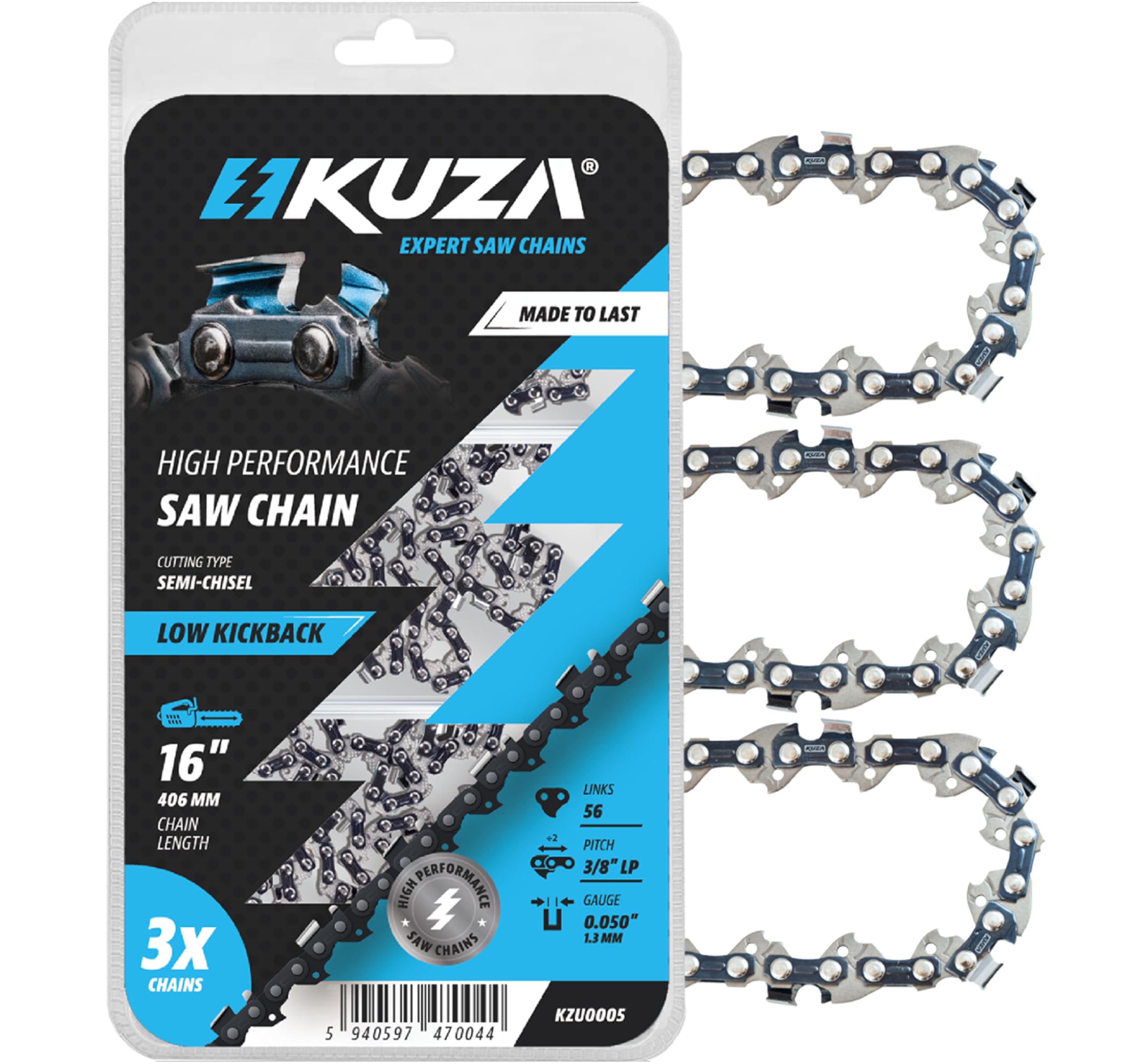 KUZA vista frontal del empaque mostrando pack de tres cadenas y compatibilidad