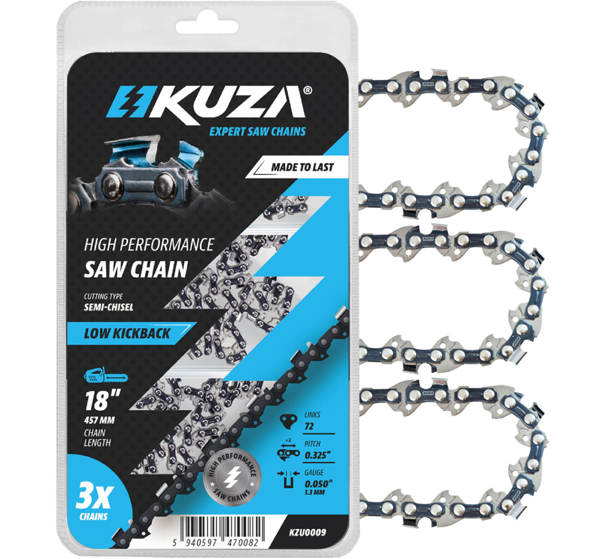 KUZA cadena frontal del pack de 3 mostrando longitud y eslabones, durabilidad visible