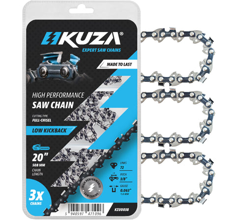 KUZA cadena frontal y empaque mostrando compatibilidad y beneficio de durabilidad