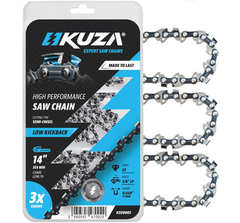 KUZA cadena frontal en paquete mostrando longitud y compatibilidad, mayor tranquilidad