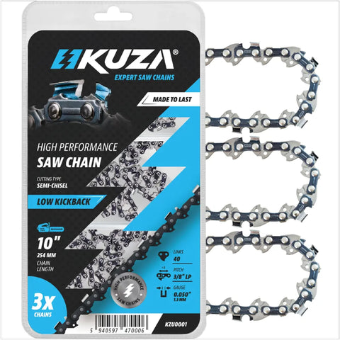 KUZA vista frontal del empaque mostrando paquete de tres cadenas duraderas