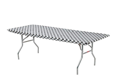 Kwik-Covers vista frontal 8' en cuadros negro y blanco muestra aspecto profesional