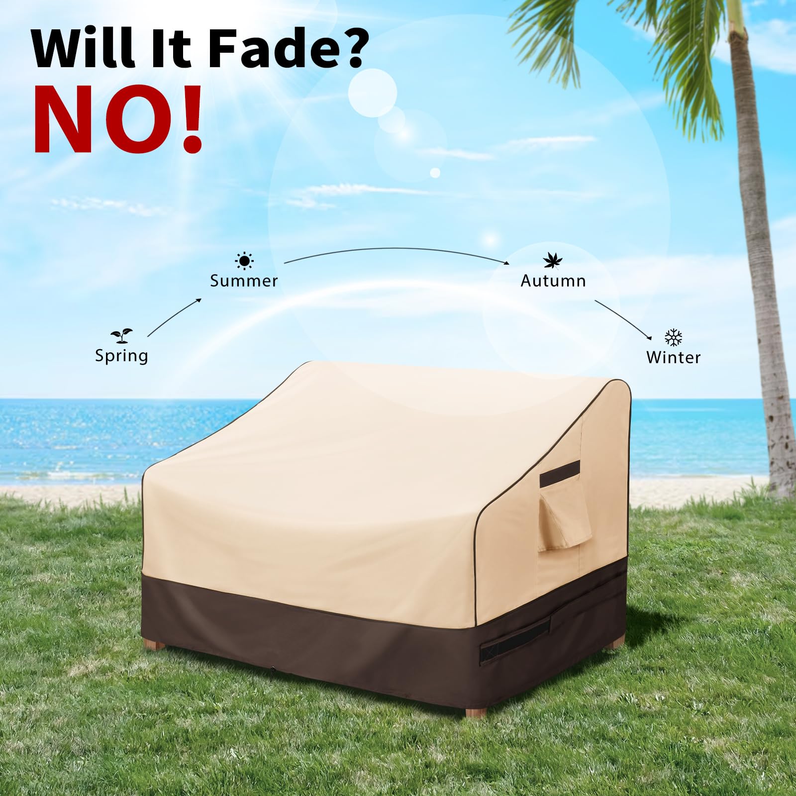 KylinLucky funda colocada sobre sofá de patio mostrando protección
