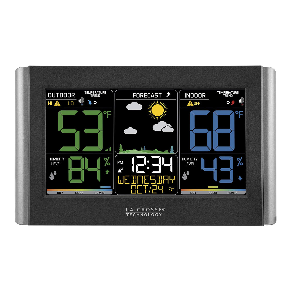 La Crosse Technology pantalla frontal a color mostrando pronóstico y tendencias