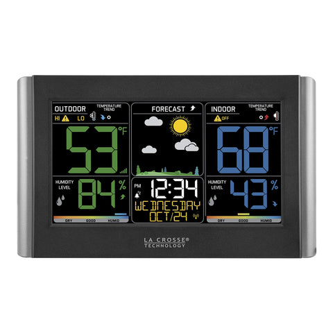 La Crosse Technology pantalla frontal a color mostrando pronóstico y tendencias