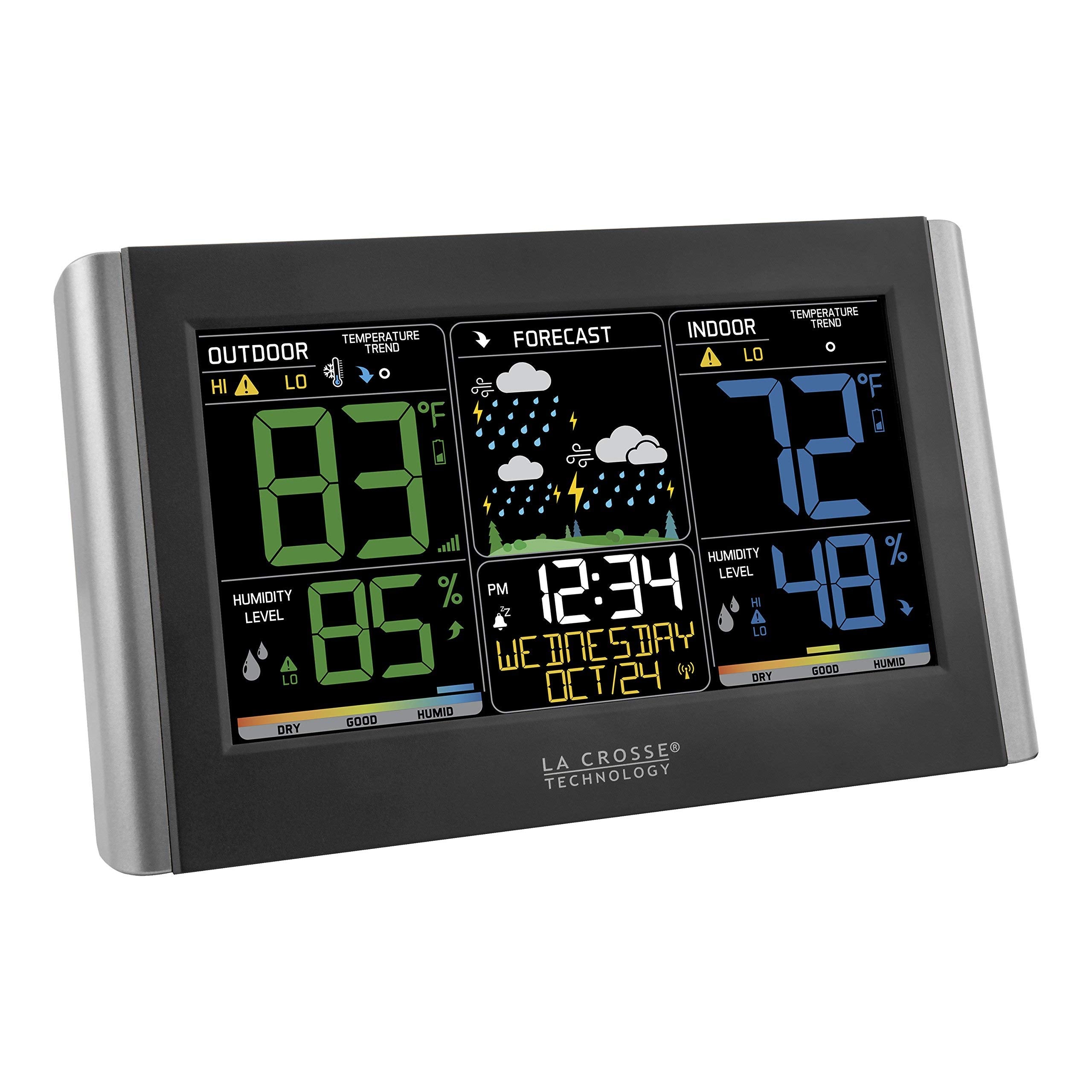 La Crosse Technology sensor exterior inalámbrico junto a plantas, mide temperatura exterior
