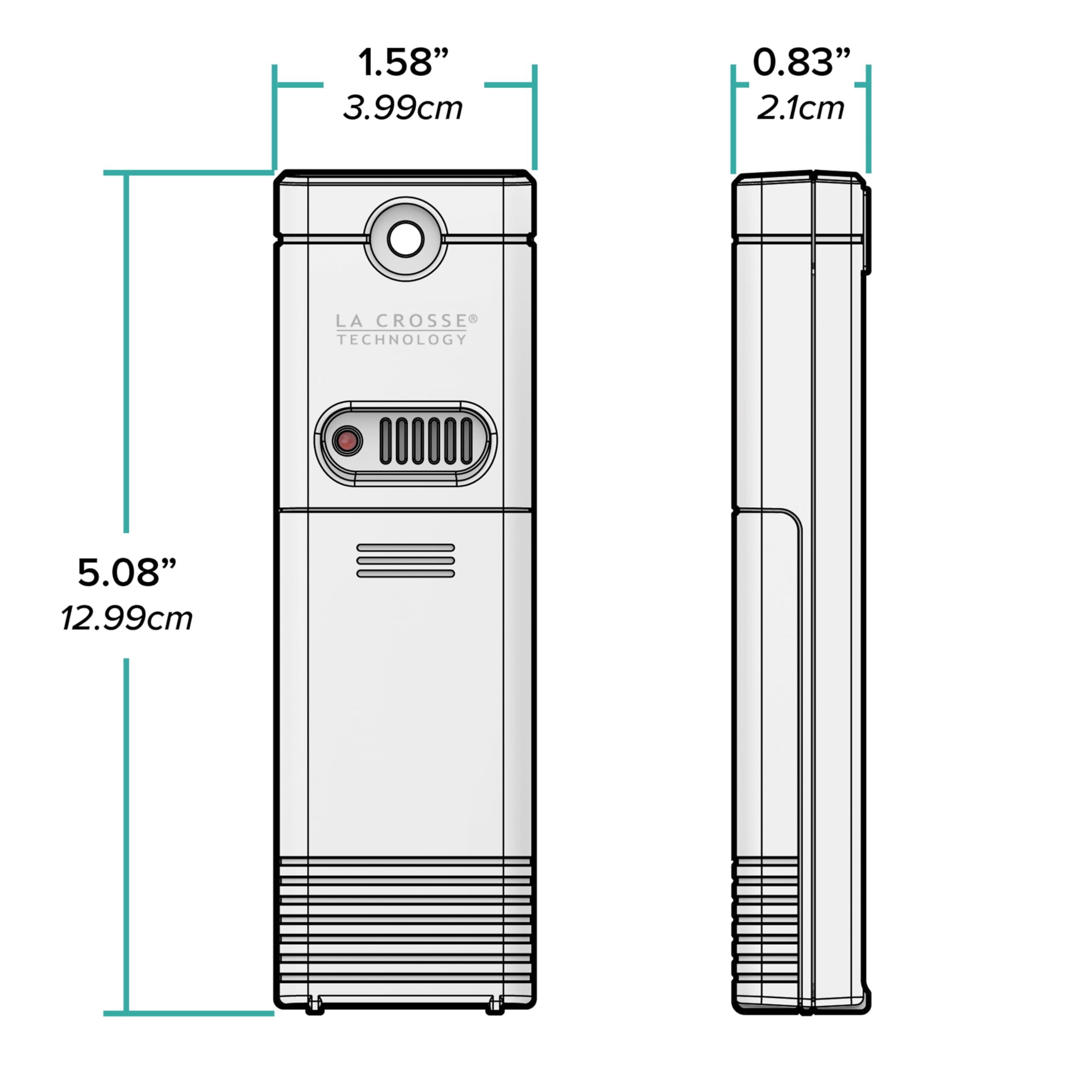 La Crosse sensor junto a una mano para comparar tamaño compacto