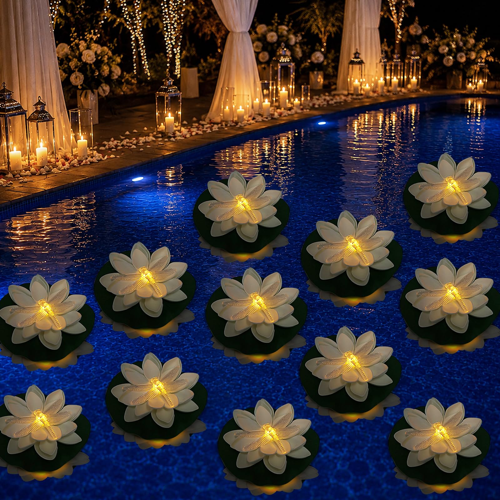 LACGO flor loto frontal mostrando diseño realista y luz cálida