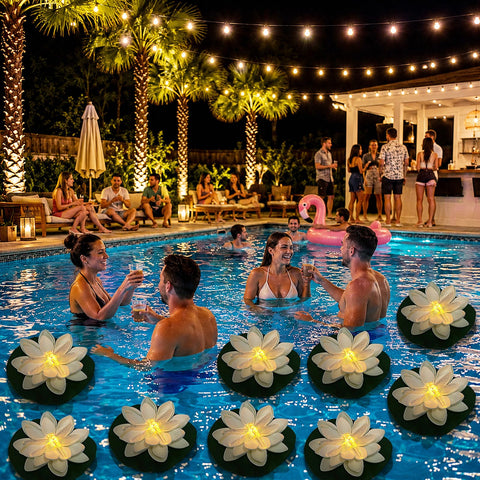 LACGO grupo de flores flotando en piscina iluminando ambiente nocturno