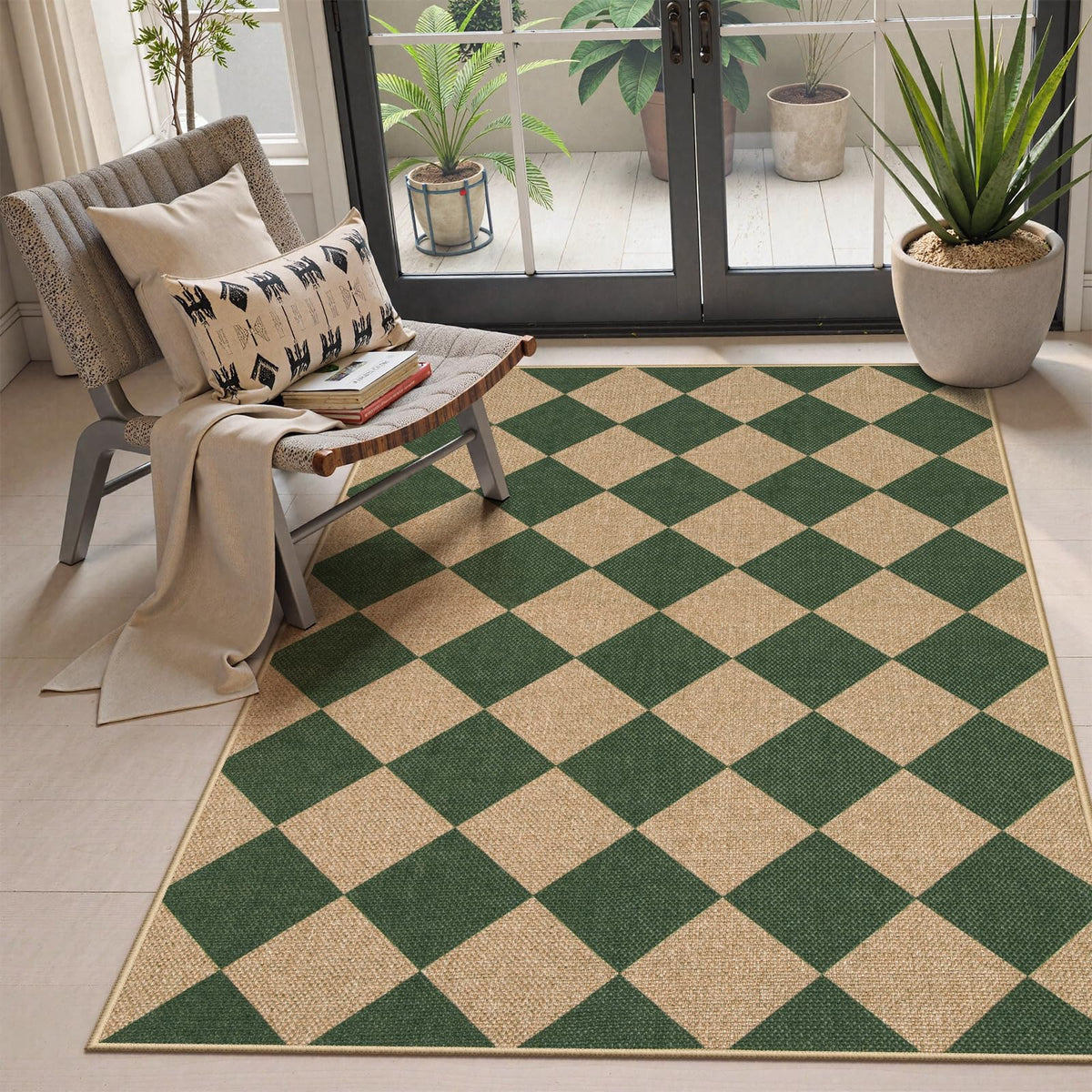 Lahome alfombra frontal a cuadros verde mostrando estética natural y resistencia