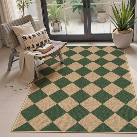 Lahome alfombra frontal a cuadros verde mostrando estética natural y resistencia