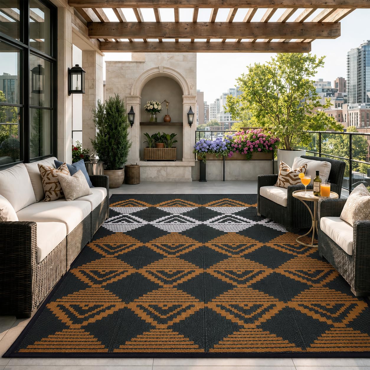 Lahome alfombra exterior frontal mostrando patrón reversible y tamaño