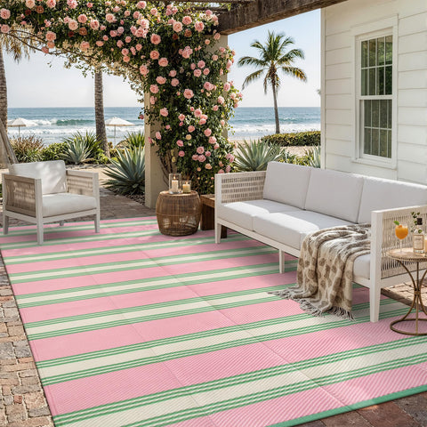 Lahome alfombra frontal rosa mostrando diseño rayado y decoración