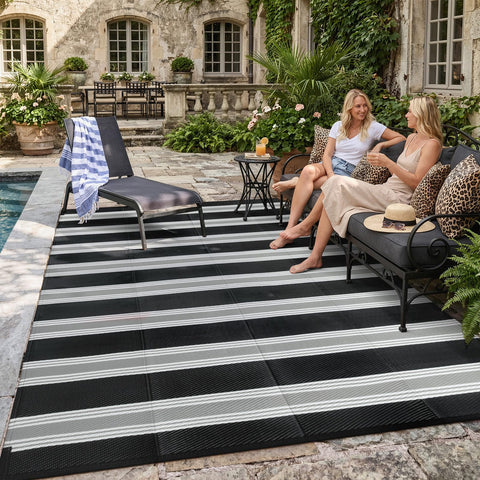 Lahome alfombra exterior frontal mostrando rayas y beneficio estético