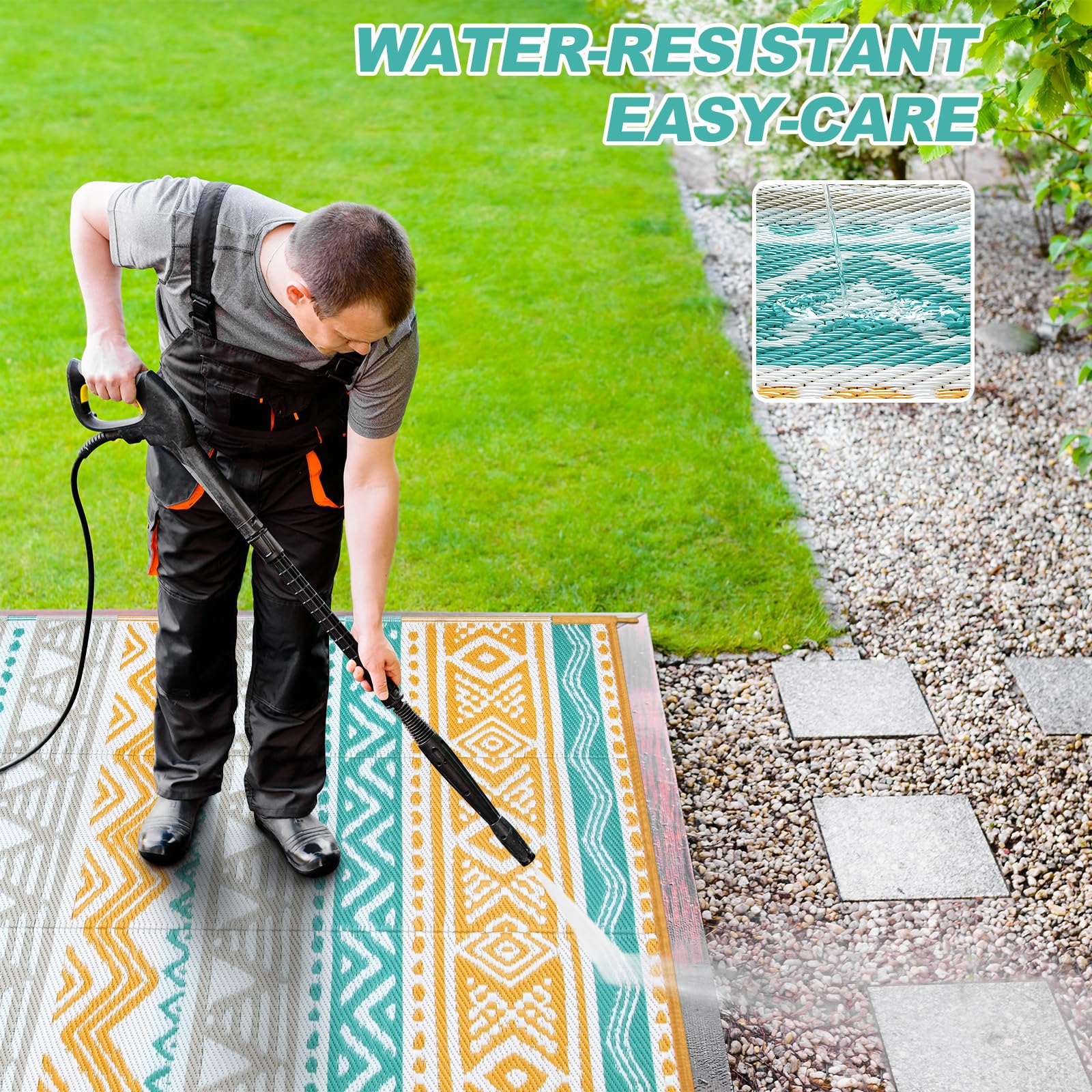 Lahome alfombra en uso en patio creando área cómoda y resistente
