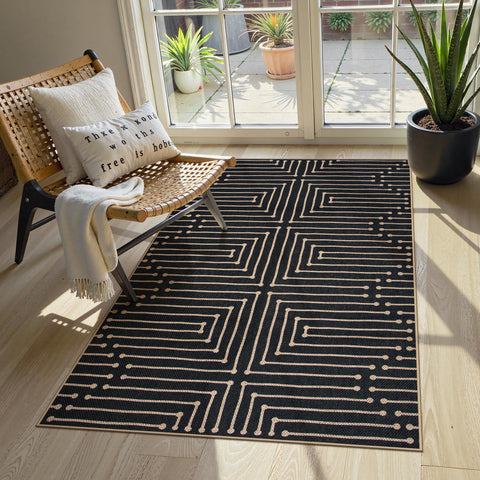 Lahome alfombra frontal 3x5 mostrando diseño geométrico y beneficio duradero