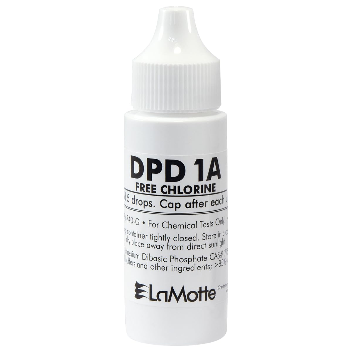 LaMotte frasco frontal del reactivo DPD 1A mostrando etiqueta y uso fiable